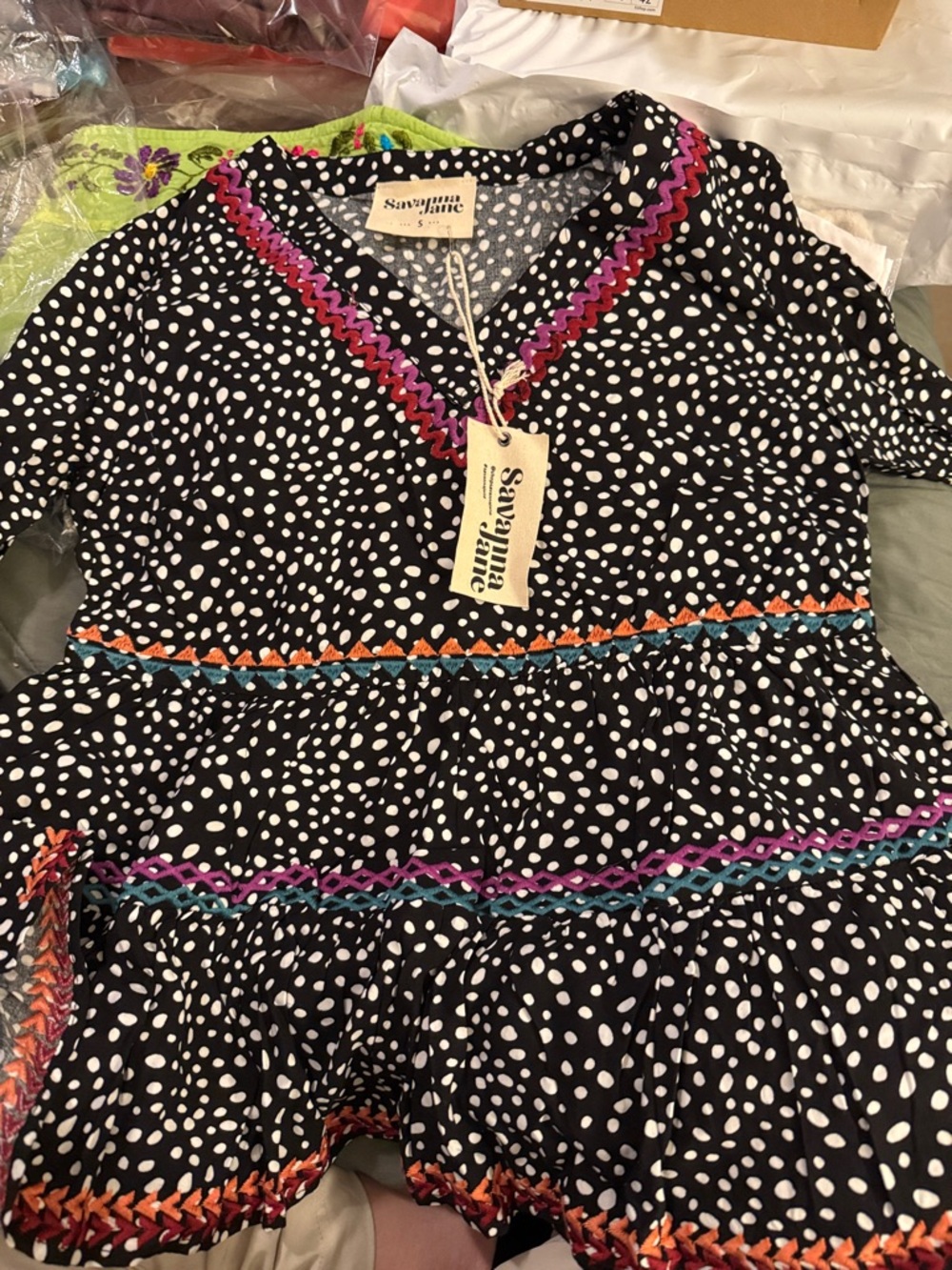 Savanna Jane Black White Polka Dot Peplum Top with Colorful Embroidery